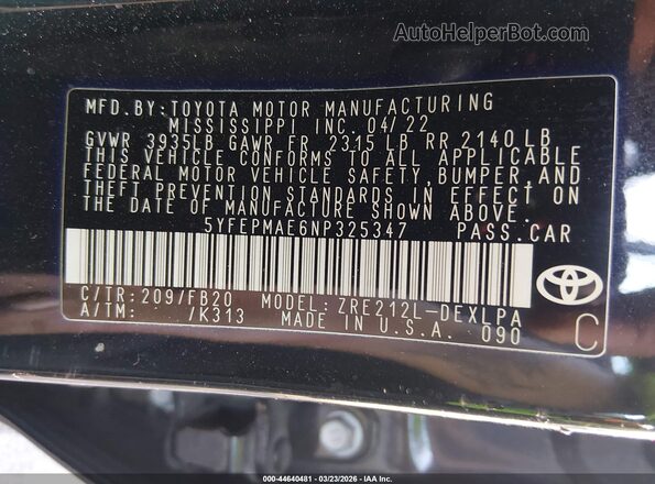 5YFEPMAE6NP325347 2022 TOYOTA LL Black Շարժիչի բաժամունքի տեսք