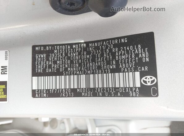 5YFEPMAE7MP188319 2021 TOYOTA LL Silver Вид підкапотного простору