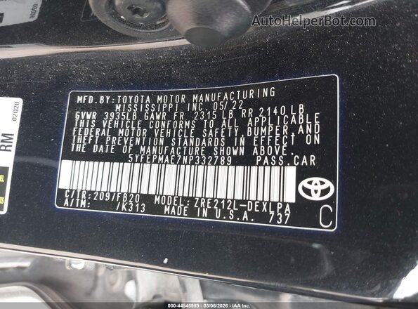5YFEPMAE7NP332789 2022 TOYOTA LL Black ძრავის განყოფილების ხედი