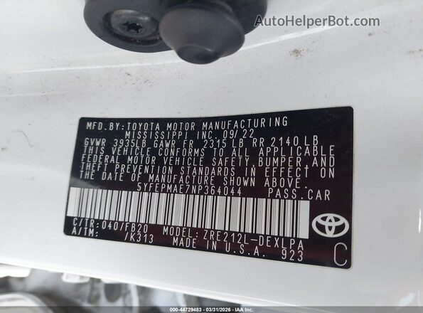 5YFEPMAE7NP364044 2022 TOYOTA LL White Շարժիչի բաժամունքի տեսք