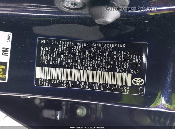 5YFEPMAE8MP199457 2021 TOYOTA LL Dark Blue 