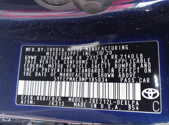 5YFEPMAE9MP185034 2021 TOYOTA LL Blue 