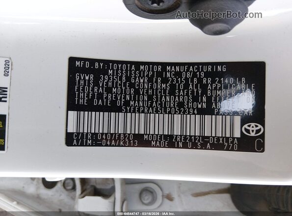 5YFEPRAE5LP052394 2020 TOYOTA LL White Շարժիչի բաժամունքի տեսք