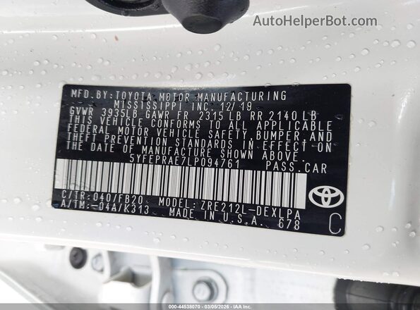 5YFEPRAE7LP094761 2020 TOYOTA LL White Engine compartment view