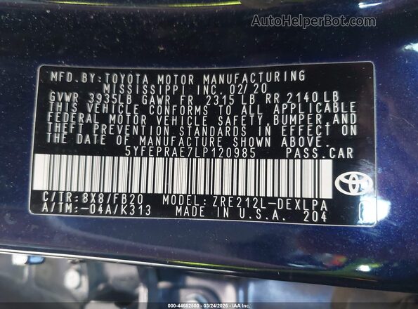 5YFEPRAE7LP120985 2020 TOYOTA LL Blue Շարժիչի բաժամունքի տեսք