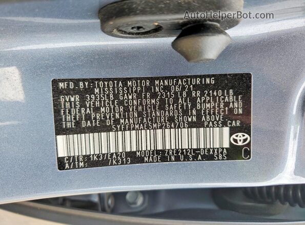 5YFFPMAE5MP264706 2021 TOYOTA LL Blue VIN კოდის სტიკერის ხედი