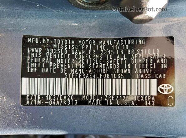 5YFFPRAE4LP081065 2020 TOYOTA LL Gray 