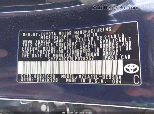 5YFP4RCE9LP028257 2020 TOYOTA LL Blue Вид підкапотного простору