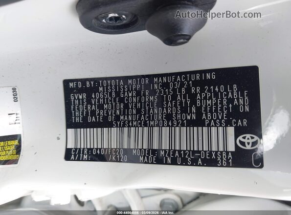 5YFS4MCE1MP084921 2021 TOYOTA LL White Widok komory silnika