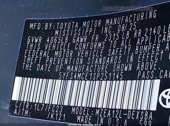 5YFS4MCE1SP251145 2025 TOYOTA LL Gray Engine compartment view