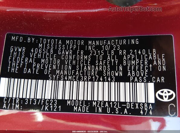 5YFS4MCE3RP174143 2024 TOYOTA LL Maroon Вид підкапотного простору
