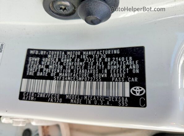 5YFS4MCE5MP072755 2021 TOYOTA LL Белый Вид наклейки с VIN-кодом