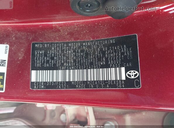 5YFS4MCE6SP242957 2025 TOYOTA LL Maroon Engine compartment view