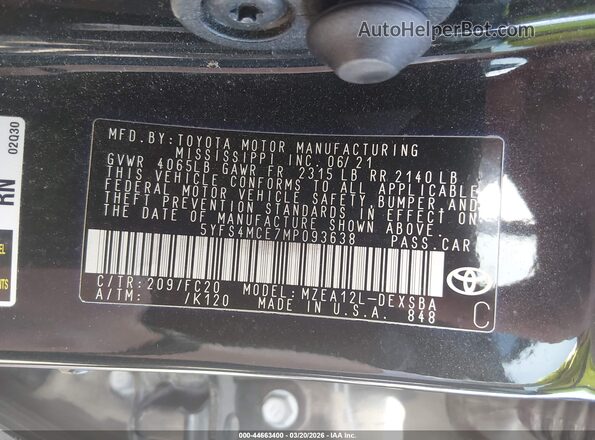 5YFS4MCE7MP093638 2021 TOYOTA LL Black ძრავის განყოფილების ხედი