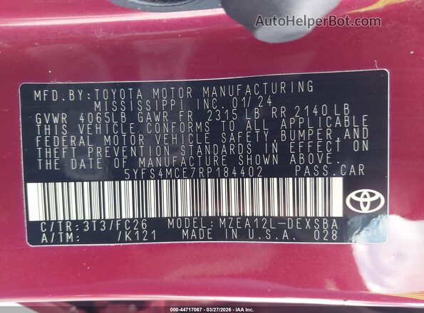 5YFS4MCE7RP184402 2024 TOYOTA LL Maroon Vista del compartimento del motor