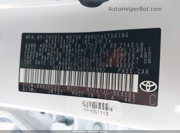 5YFS4MCE9RP212992 2024 TOYOTA LL White Вид підкапотного простору