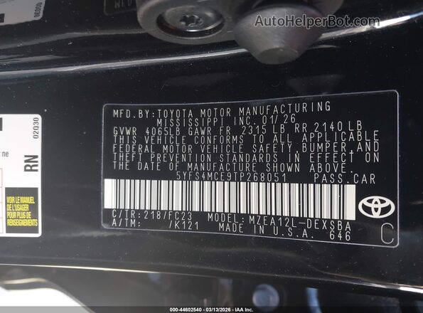5YFS4MCE9TP268051 2026 TOYOTA LL Black Widok komory silnika