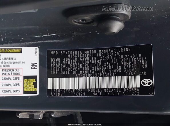 5YFS4MCEXSP239611 2025 TOYOTA LL Gray Vista del compartimento del motor
