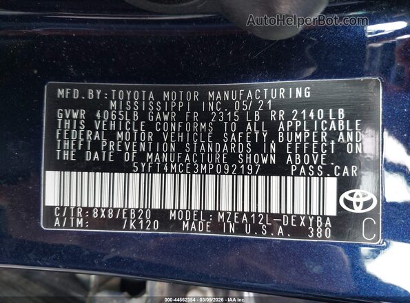 5YFT4MCE3MP092197 2021 TOYOTA LL Blue Շարժիչի բաժամունքի տեսք