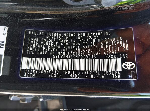 5YFVPMAE5NP299615 2022 TOYOTA LL Black Вид підкапотного простору