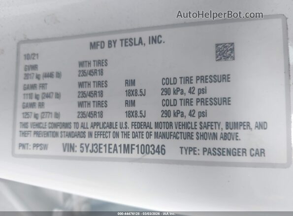 5YJ3E1EA1MF100346 2021 TESLA MODEL 3 White Вид підкапотного простору