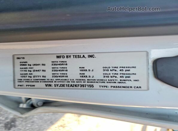 5YJ3E1EA2KF397155 2019 TESLA MODEL Белый Вид подкапотного пространства
