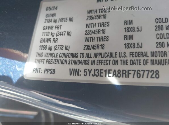 5YJ3E1EA8RF767728 2024 TESLA MODEL 3 Blue Engine compartment view