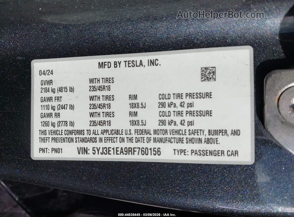 5YJ3E1EA9RF760156 2024 TESLA MODEL 3 Black 