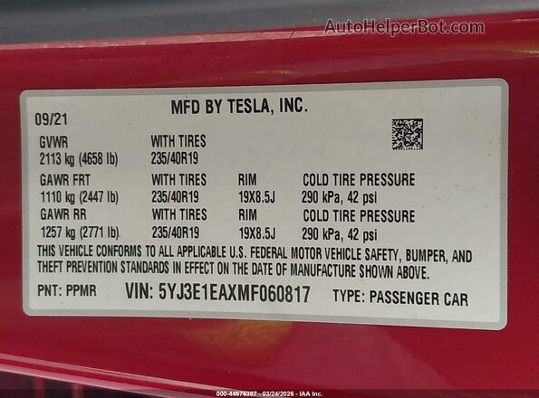 5YJ3E1EAXMF060817 2021 TESLA MODEL 3 Red 