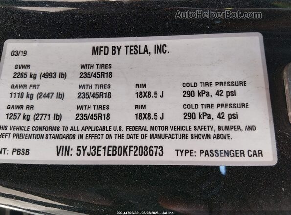 5YJ3E1EB0KF208673 2019 TESLA MODEL 3 Black 