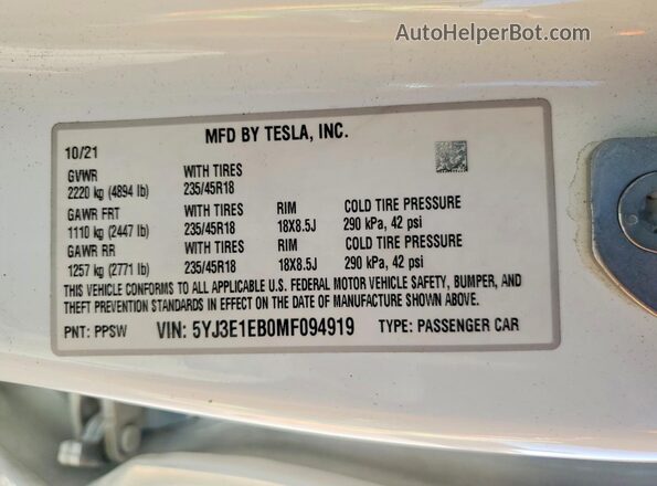 5YJ3E1EB0MF094919 2021 TESLA MODEL White Vista de la etiqueta del VIN