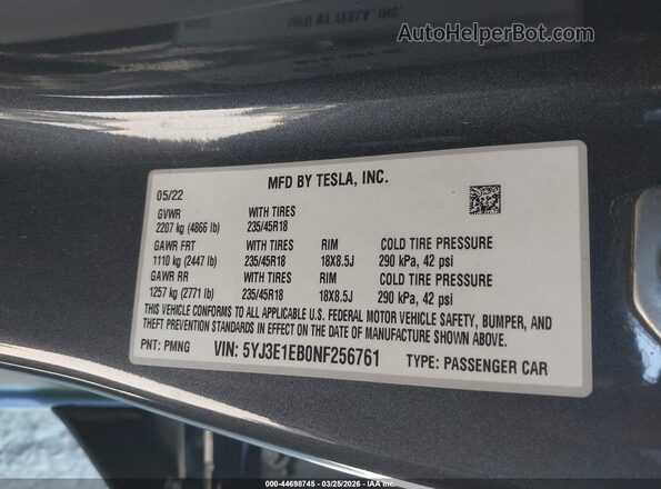 5YJ3E1EB0NF256761 2022 TESLA MODEL 3 Серый Вид подкапотного пространства