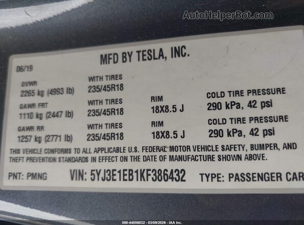 5YJ3E1EB1KF386432 2019 TESLA MODEL 3 Gray Engine compartment view