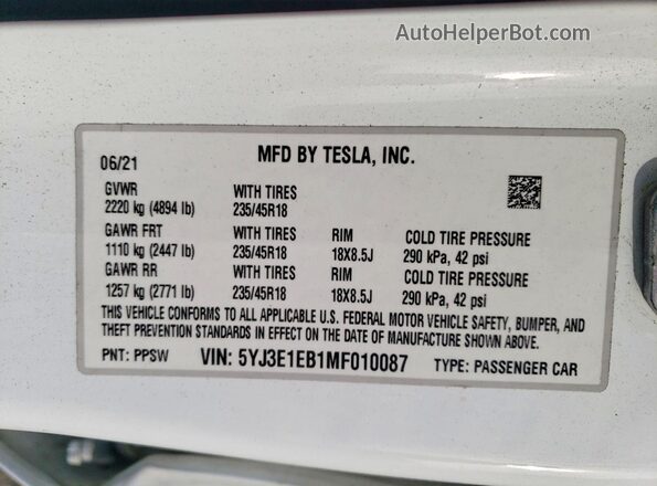 5YJ3E1EB1MF010087 2021 TESLA MODEL White Շարժիչի բաժամունքի տեսք