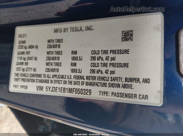 5YJ3E1EB1MF050329 2021 TESLA MODEL 3 Blue Vista del compartimento del motor
