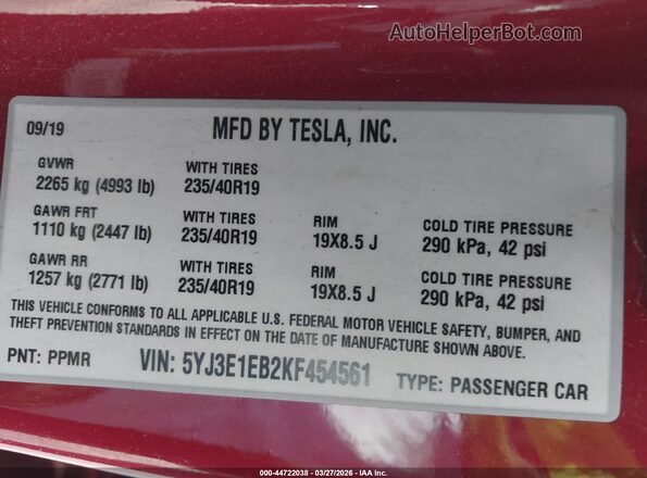 5YJ3E1EB2KF454561 2019 TESLA MODEL 3 Red 