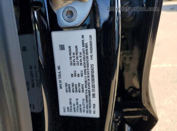 5YJ3E1EB2MF004315 2021 TESLA MODEL Black Widok naklejki z numerem VIN