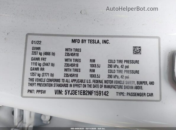 5YJ3E1EB2NF159142 2022 TESLA MODEL 3 Белый Вид подкапотного пространства