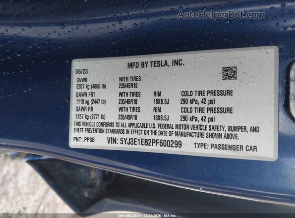 5YJ3E1EB2PF600299 2023 TESLA MODEL 3 Blue Вид підкапотного простору