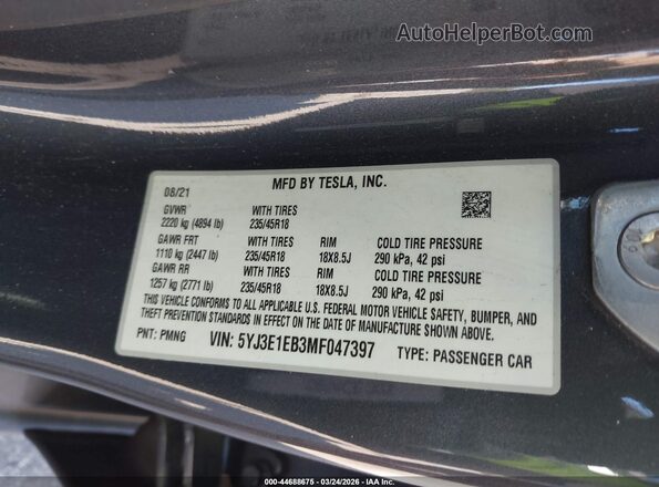 5YJ3E1EB3MF047397 2021 TESLA MODEL 3 Gray Widok komory silnika