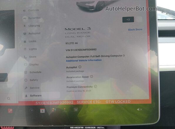 5YJ3E1EB3MF936992 2021 TESLA MODEL 3 White Widok tylnych siedzeń