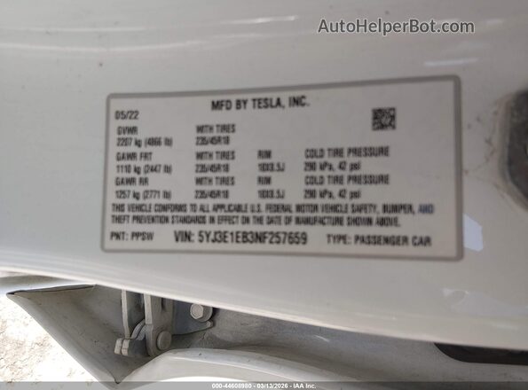 5YJ3E1EB3NF257659 2022 TESLA MODEL 3 White Вид підкапотного простору