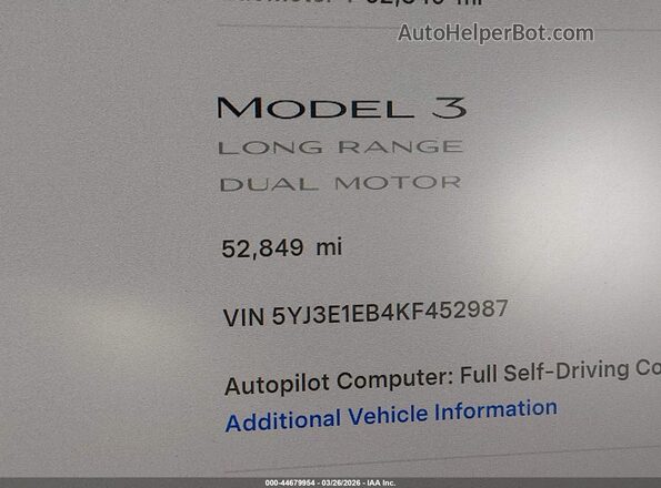 5YJ3E1EB4KF452987 2019 TESLA MODEL 3 White 