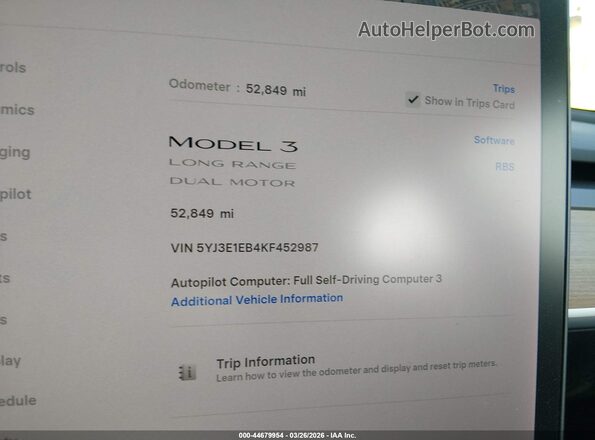 5YJ3E1EB4KF452987 2019 TESLA MODEL 3 White უკანა სავარძლების ხედი