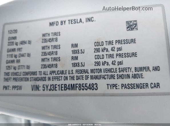 5YJ3E1EB4MF855483 2021 TESLA MODEL 3 White Widok komory silnika