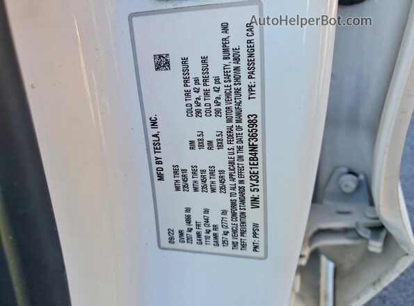 5YJ3E1EB4NF365983 2022 TESLA MODEL White 