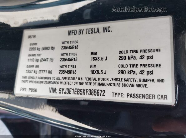 5YJ3E1EB5KF385672 2019 TESLA MODEL 3 Черный 