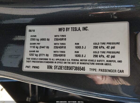 5YJ3E1EB5KF386546 2019 TESLA MODEL 3 Серый Вид подкапотного пространства