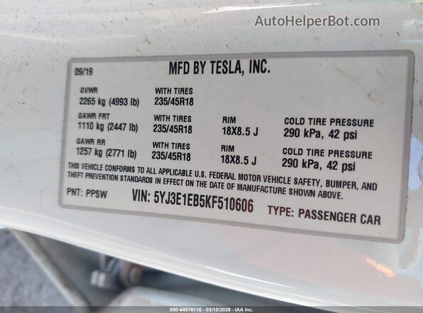5YJ3E1EB5KF510606 2019 TESLA MODEL 3 White 