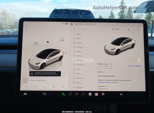 5YJ3E1EB5NF328294 2022 TESLA MODEL 3 White უკანა სავარძლების ხედი
